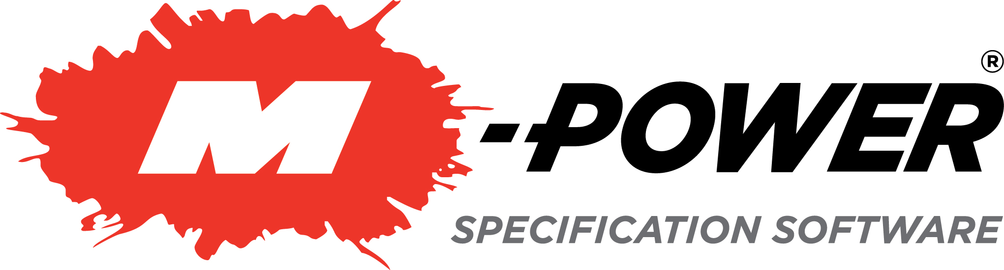 The logo for M-Power Specification Software. It shows the Muncie Power Powerburst logo with a large white M in the center and a hyphen and POWER to the right of it. Specification Software is listed under the word POWER.